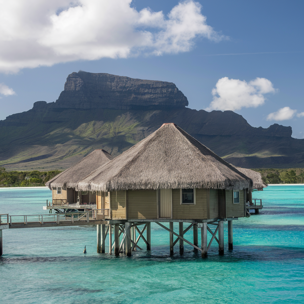 Cabañas sobre el agua en Bora Bora con el Monte Otemanu al fondo
