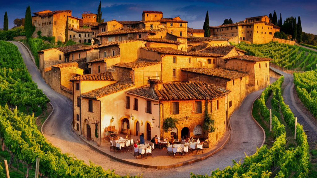 Pueblo toscano rodeado de viñedos