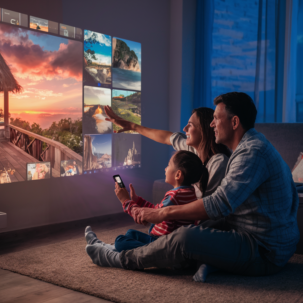 Familia disfrutando de un viaje online con proyector