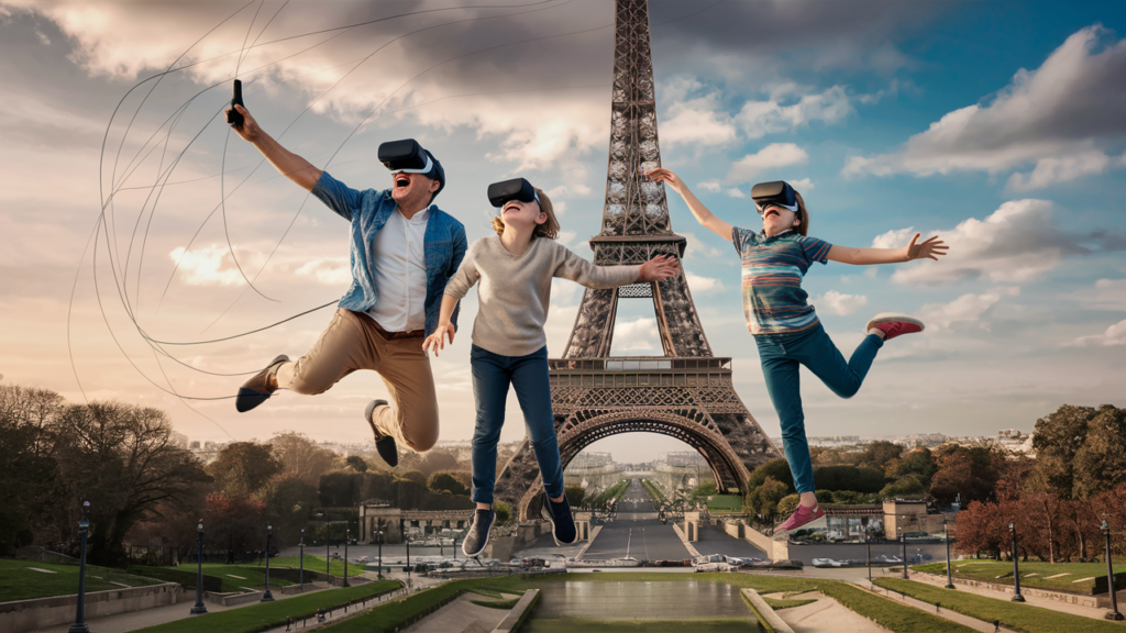 Familia explorando la Torre Eiffel en realidad virtual