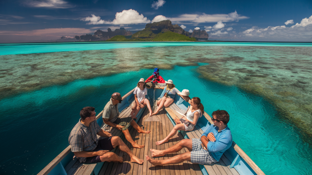 Turistas en un barco con fondo de cristal explorando los arrecifes de coral en Bora Bora