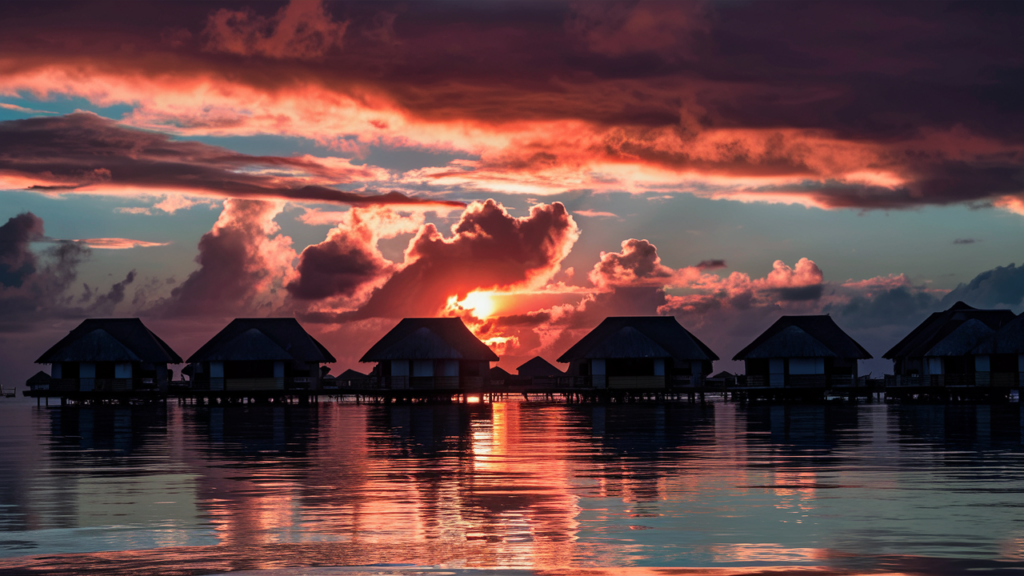 Atardecer en Bora Bora con bungalows sobre el agua