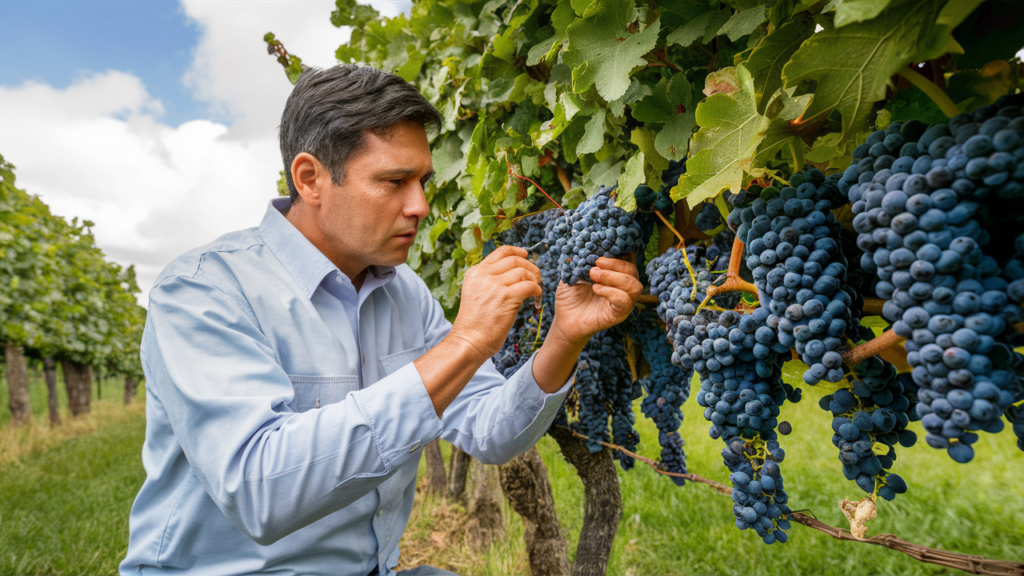 Enólogo inspeccionando uvas en Borgoña